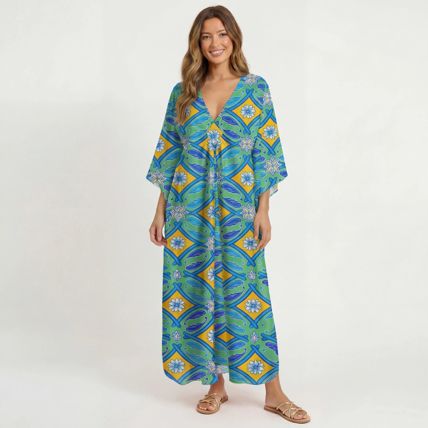 V‑Neck Azure Tile Kimono Sleeve Kaftan Dress