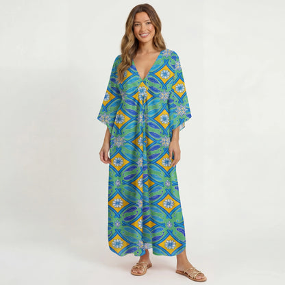 V‑Neck Azure Tile Kimono Sleeve Kaftan Dress