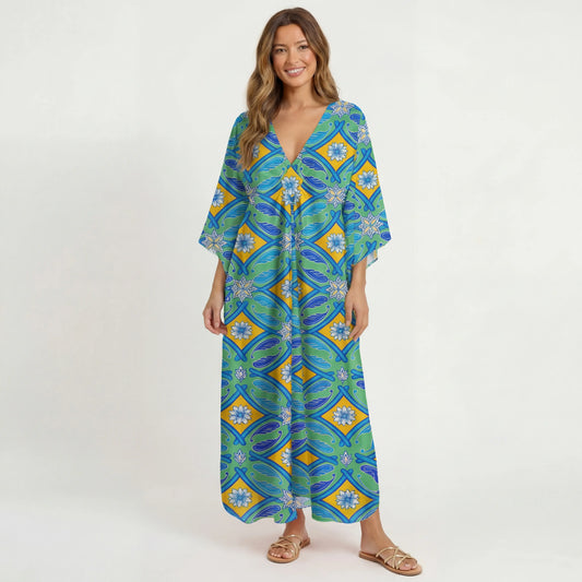 V‑Neck Azure Tile Kimono Sleeve Kaftan Dress