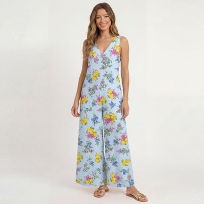V-Neck Blue Meadow Boho Jumpsuit with Pockets for Women