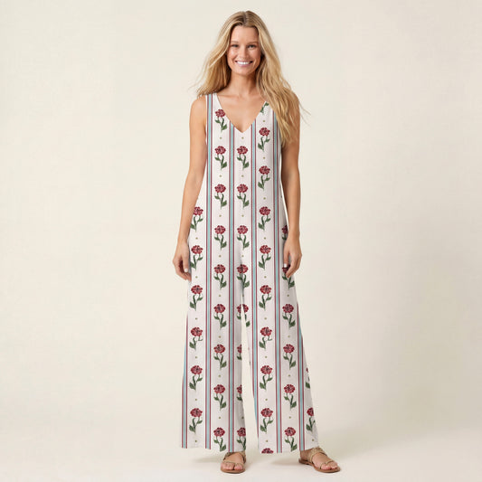 V-Neck Crimson Dianthus Boho Jumpsuit with Pockets for Women