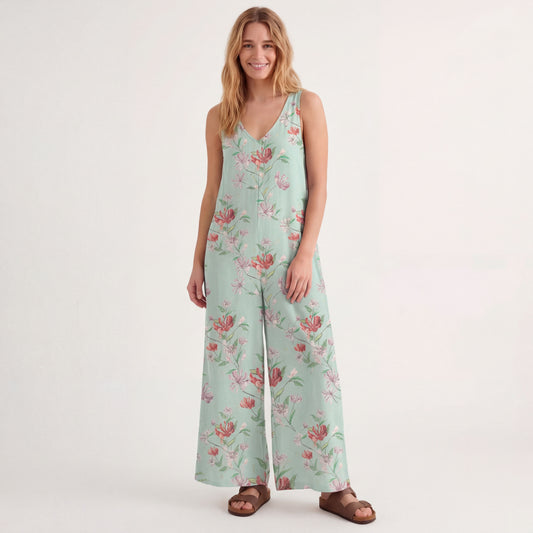V-Neck Mint Honeysuckle Boho Jumpsuit with Pockets for Women