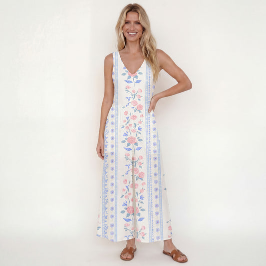 V-Neck Blue Rose Boho Jumpsuit with Pockets for Women