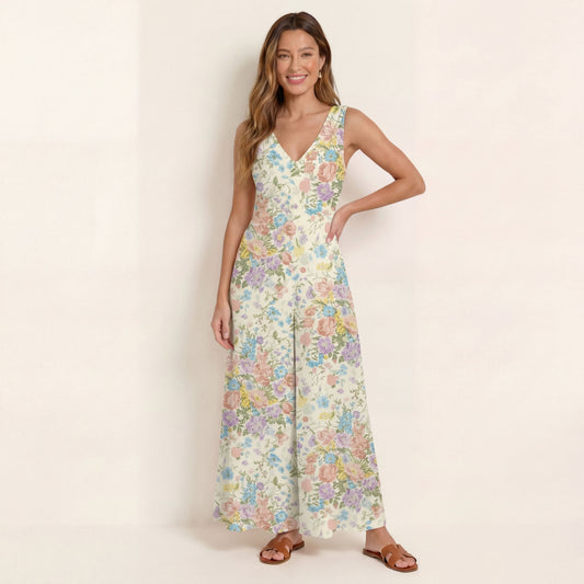 V-Neck Morning Dew Bouquet Boho Jumpsuit with Pockets for Women