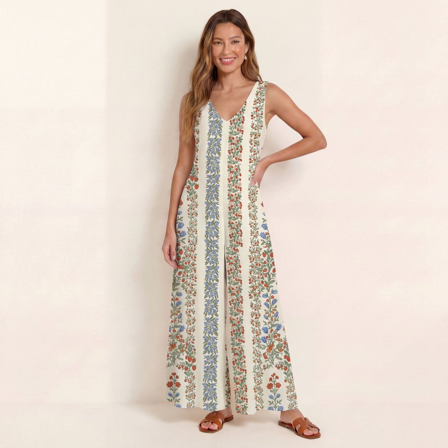 V-Neck Strawberry Vine Tales Boho Jumpsuit with Pockets for Women