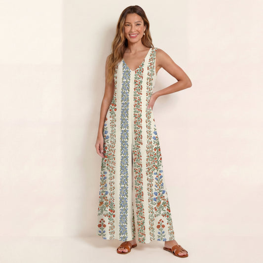 V-Neck Strawberry Vine Tales Boho Jumpsuit with Pockets for Women