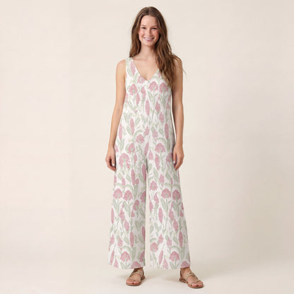 V-Neck Wild Feather Whisper Boho Jumpsuit with Pockets for Women