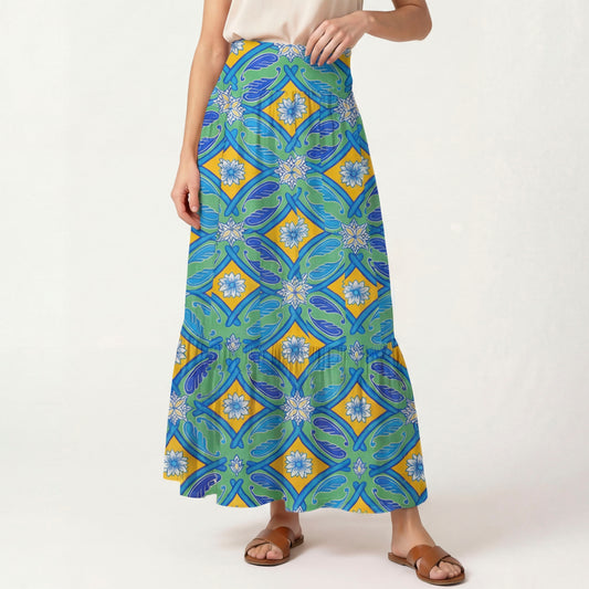 Azure Tile Print Convertible Maxi Skirt & Strapless Dress