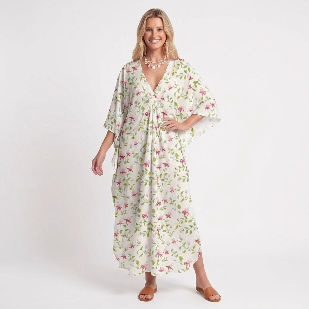 V‑Neck Ruby Vine Kimono Sleeve Kaftan Dress