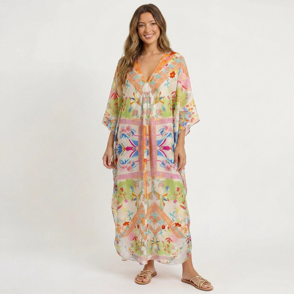 V‑Neck Vivid Lily Sleeve Kaftan Dress