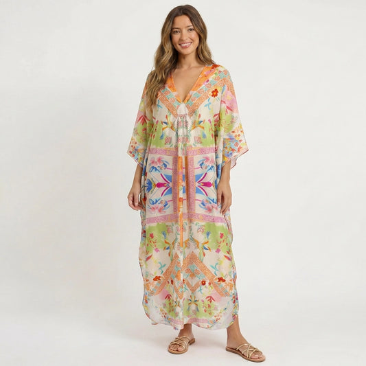 V‑Neck Vivid Lily Sleeve Kaftan Dress