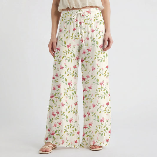 Boho Ruby Vine Wide Leg Tie Waist Pants With Pockets