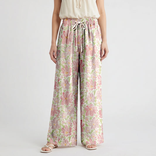 Boho Cosmos Flower Wide Leg Tie Waist Pants With Pockets