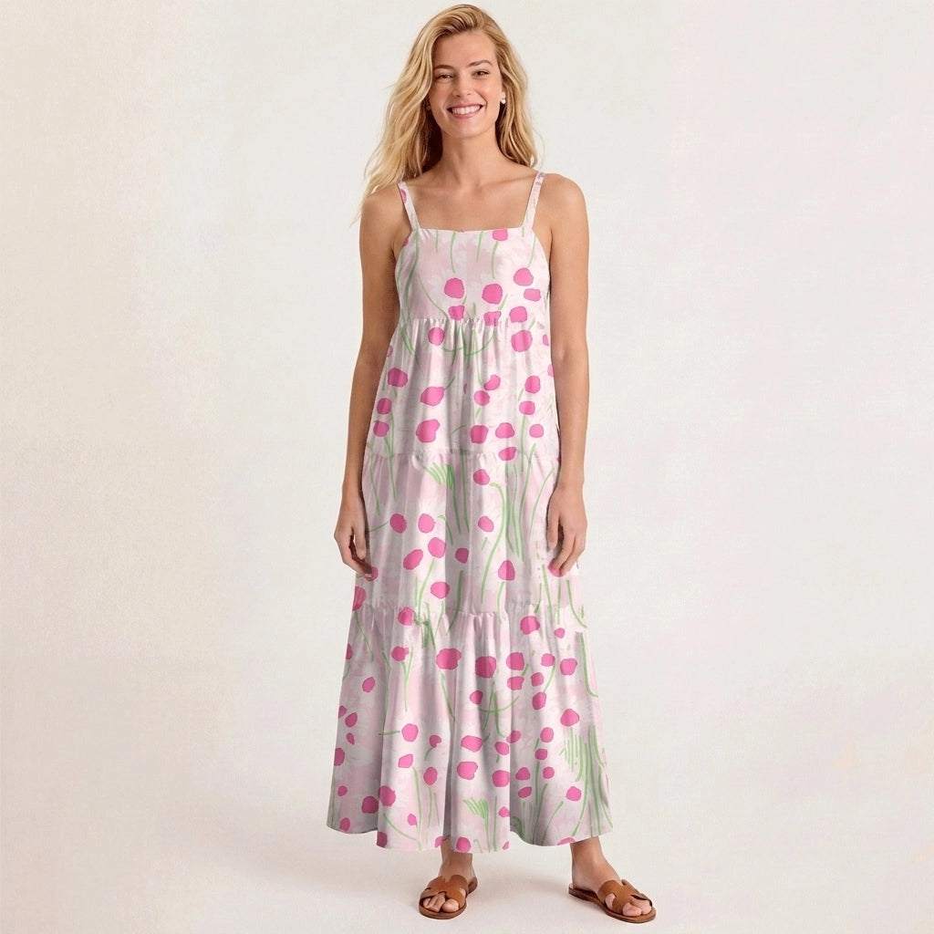 Square Neck Pink Daisy Print Wide Straps Maxi Dress With Pockets