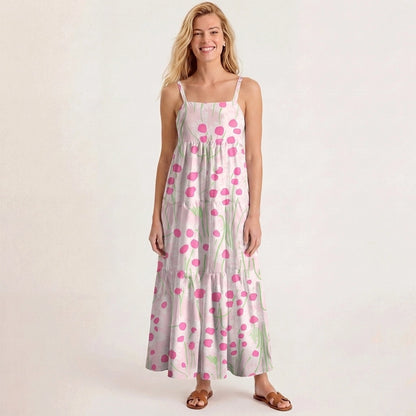 Square Neck Pink Daisy Print Wide Straps Maxi Dress With Pockets