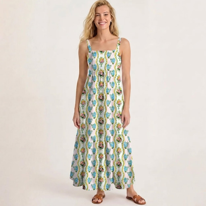 Square Neck Vintage Bouquet Rose Print Wide Straps Maxi Dress With Pockets