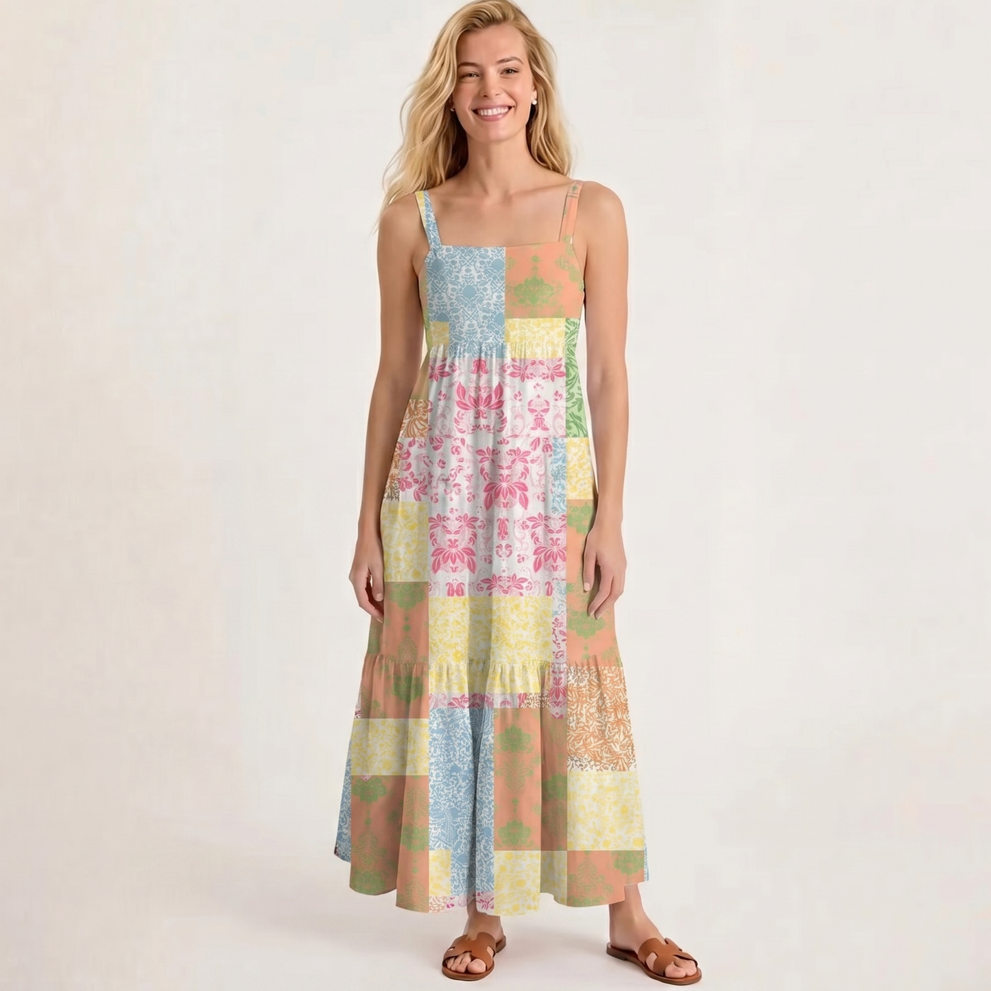 Square Neck Morning Patchwork Print Wide Straps Maxi Dress With Pockets