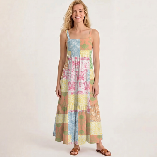 Square Neck Morning Patchwork Print Wide Straps Maxi Dress With Pockets