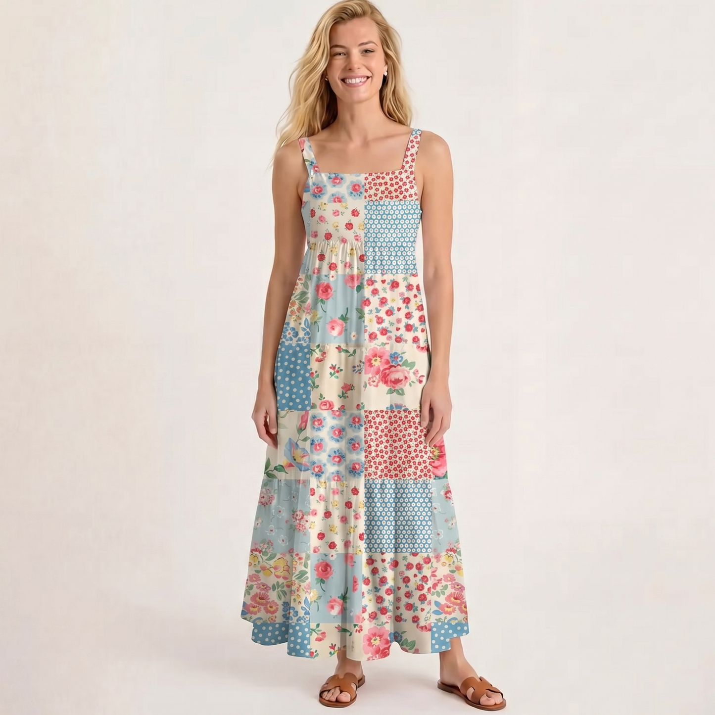 Square Neck Pastel Patc Print Wide Straps Maxi Dress With Pockets