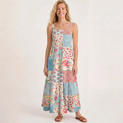 Square Neck Pastel Patc Print Wide Straps Maxi Dress With Pockets