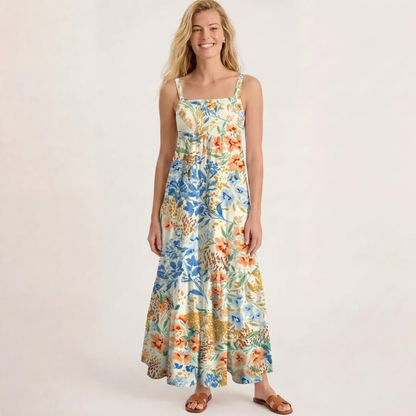 Square Neck Breeze Meadow Print Wide Straps Maxi Dress With Pockets