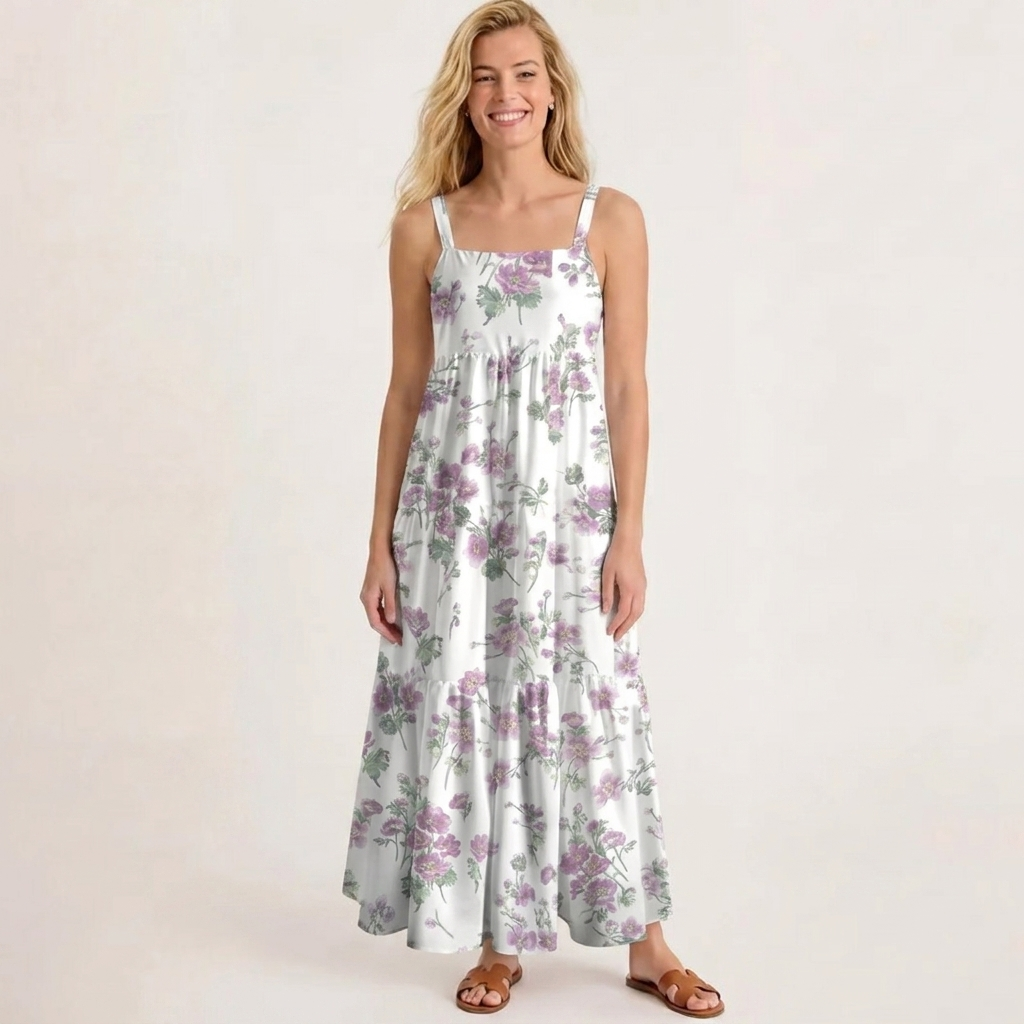Square Neck Lavender Field Whisper Print Wide Straps Maxi Dress With Pockets