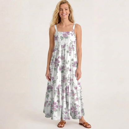 Square Neck Lavender Field Whisper Print Wide Straps Maxi Dress With Pockets