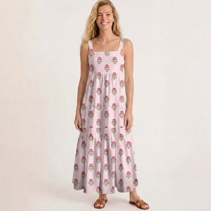 Square Neck Misty Rose Garden Print Wide Straps Maxi Dress With Pockets