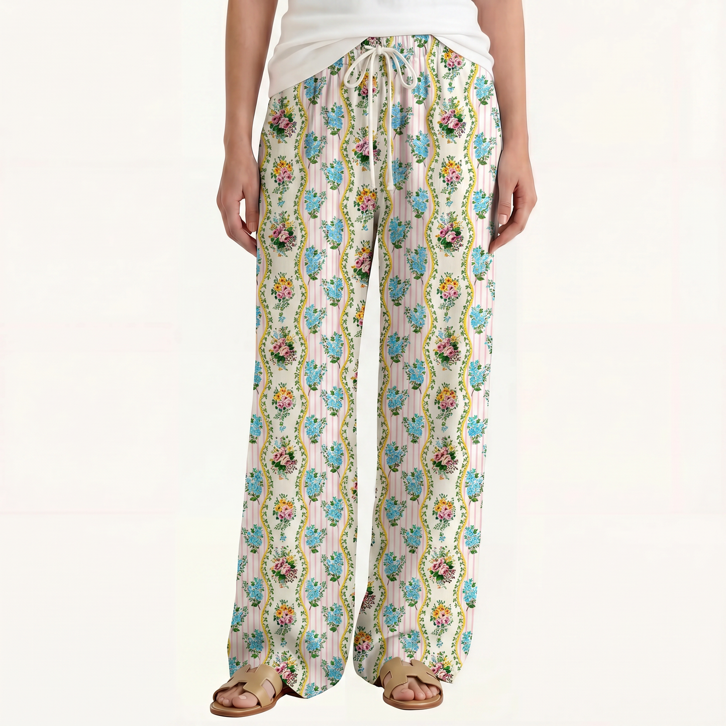Boho Vintage Bouquet Rose Wide Leg Tie Waist Pants With Pockets