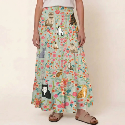 Flower Cat Print Convertible Maxi Skirt & Strapless Dress
