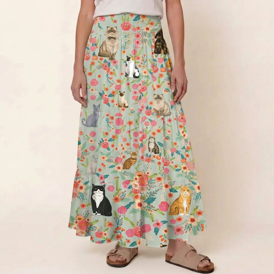 Flower Cat Print Convertible Maxi Skirt & Strapless Dress
