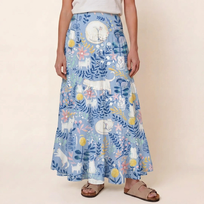 Blue Leaf Cat Print Convertible Maxi Skirt & Strapless Dress