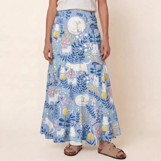 Blue Leaf Cat Print Convertible Maxi Skirt & Strapless Dress