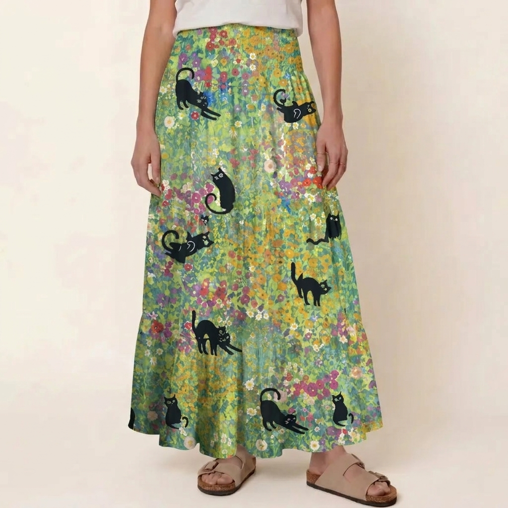 Wildflower Garden Black Cat Print Convertible Maxi Skirt & Strapless Dress