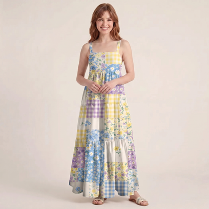 Square Neck Floral Meadow Patchwork Print Wide Straps Maxi Dress With Pockets