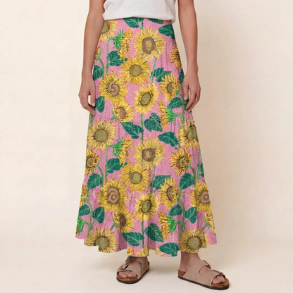 Vibrant Sunflower Floral Print Convertible Maxi Skirt & Strapless Dress