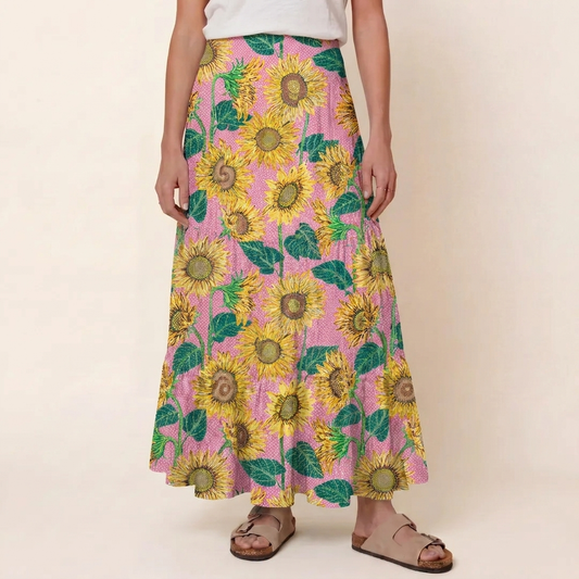 Vibrant Sunflower Floral Print Convertible Maxi Skirt & Strapless Dress