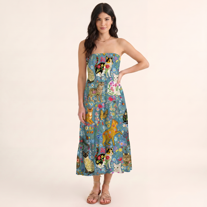 Colorful Garden Cat Print Convertible Maxi Skirt & Strapless Dress