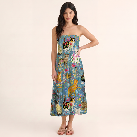 Colorful Garden Cat Print Convertible Maxi Skirt & Strapless Dress