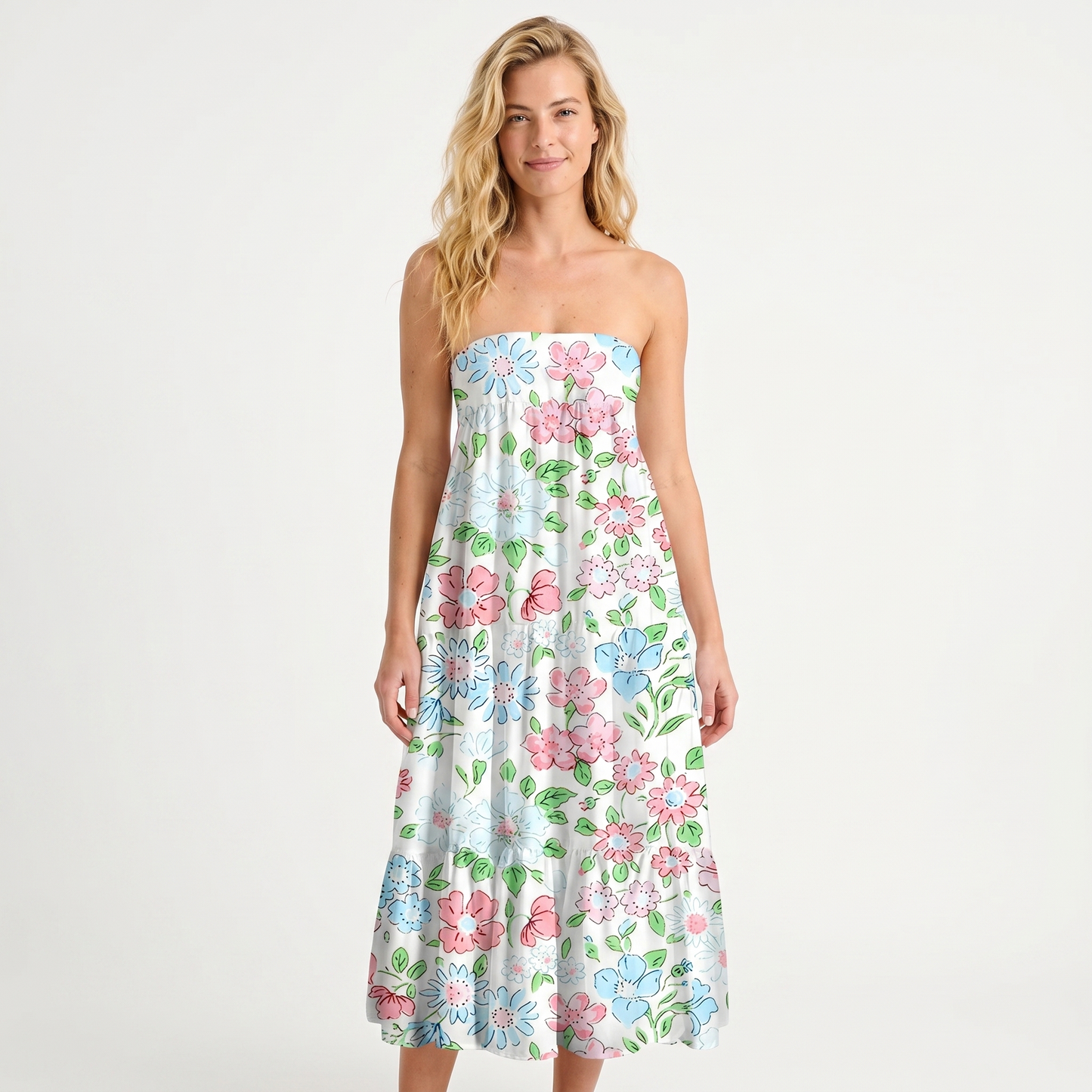 Pastel Cottage Floral Print Convertible Maxi Skirt & Strapless Dress