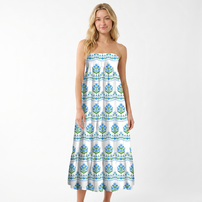 Azure Folk Print Convertible Maxi Skirt & Strapless Dress