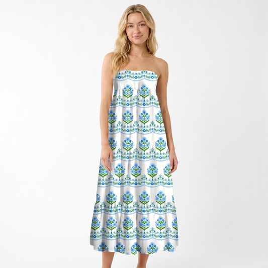 Azure Folk Print Convertible Maxi Skirt & Strapless Dress
