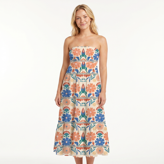 Bohemian Folk Floral Stripe Print Convertible Maxi Skirt & Strapless Dress