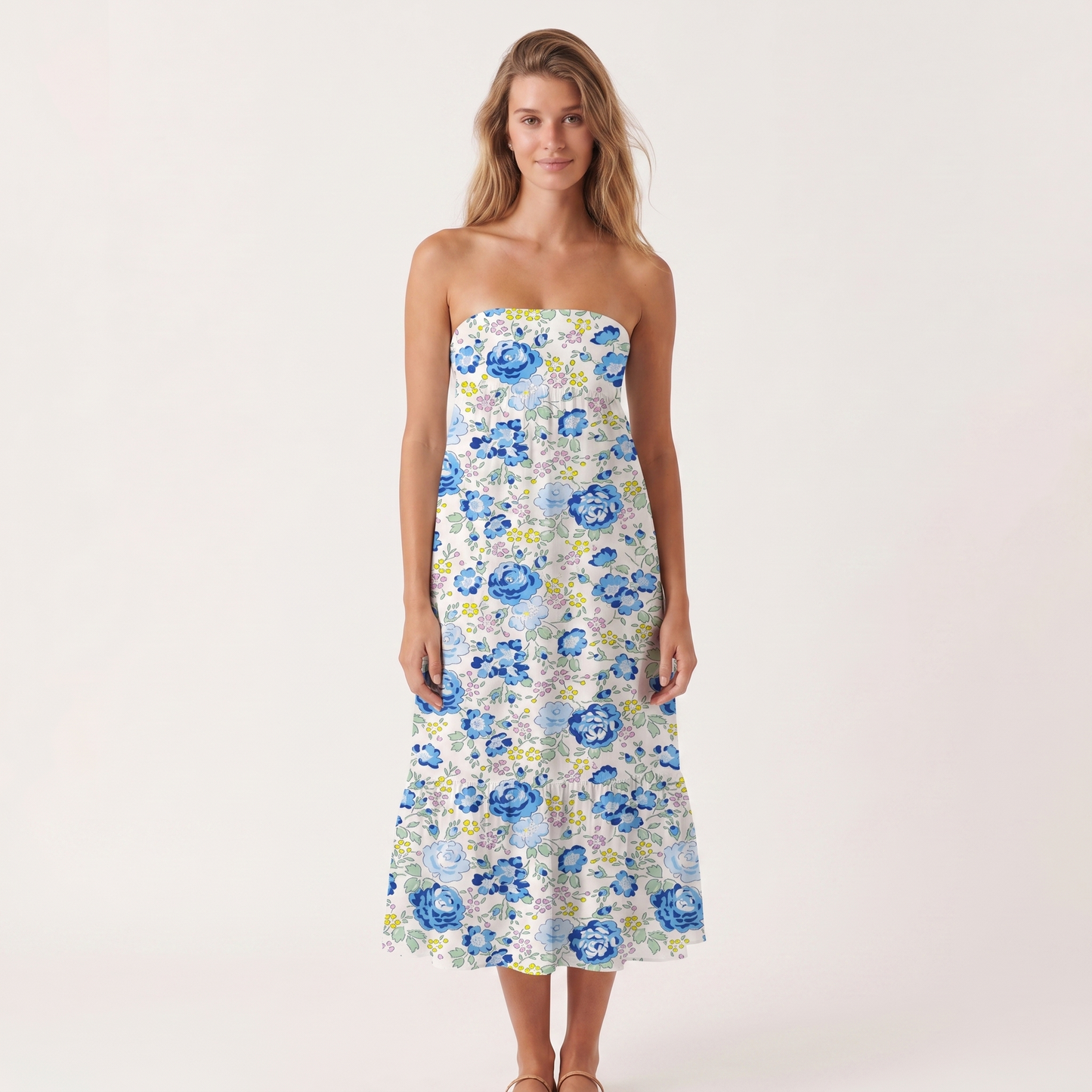 Blue Rose Floral Print Convertible Maxi Skirt & Strapless Dress