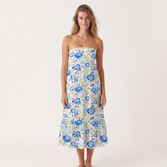Blue Rose Floral Print Convertible Maxi Skirt & Strapless Dress