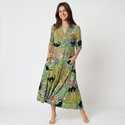 Wildflower Garden Black Cat Midi Dress For Women With Pockets