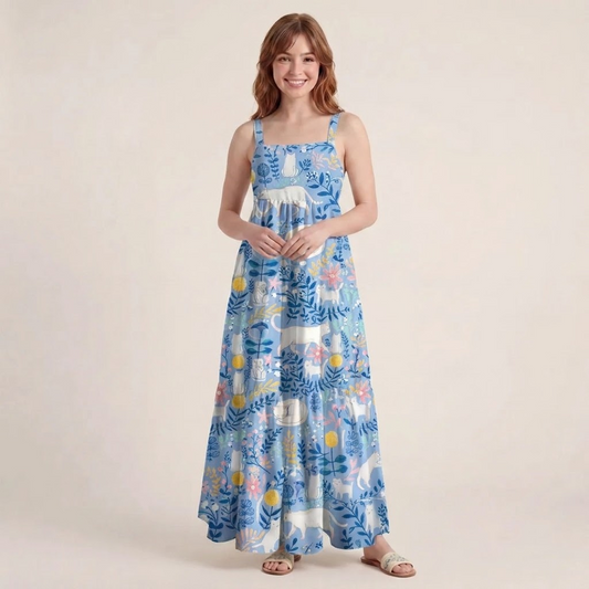 Square Neck Blue Leaf Cat Print Wide Straps Maxi Dress With Pockets