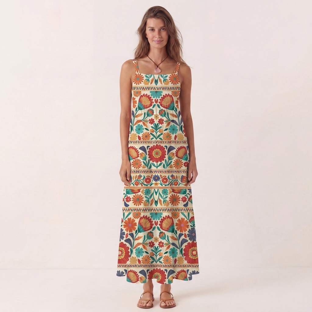 Square Neck Bohemian Folk Floral Stripe Print Wide Straps Maxi Dress With Pockets