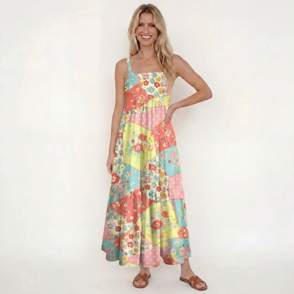 Square Neck Colorful Blossom Patchwork Print Wide Straps Maxi Dress With Pockets