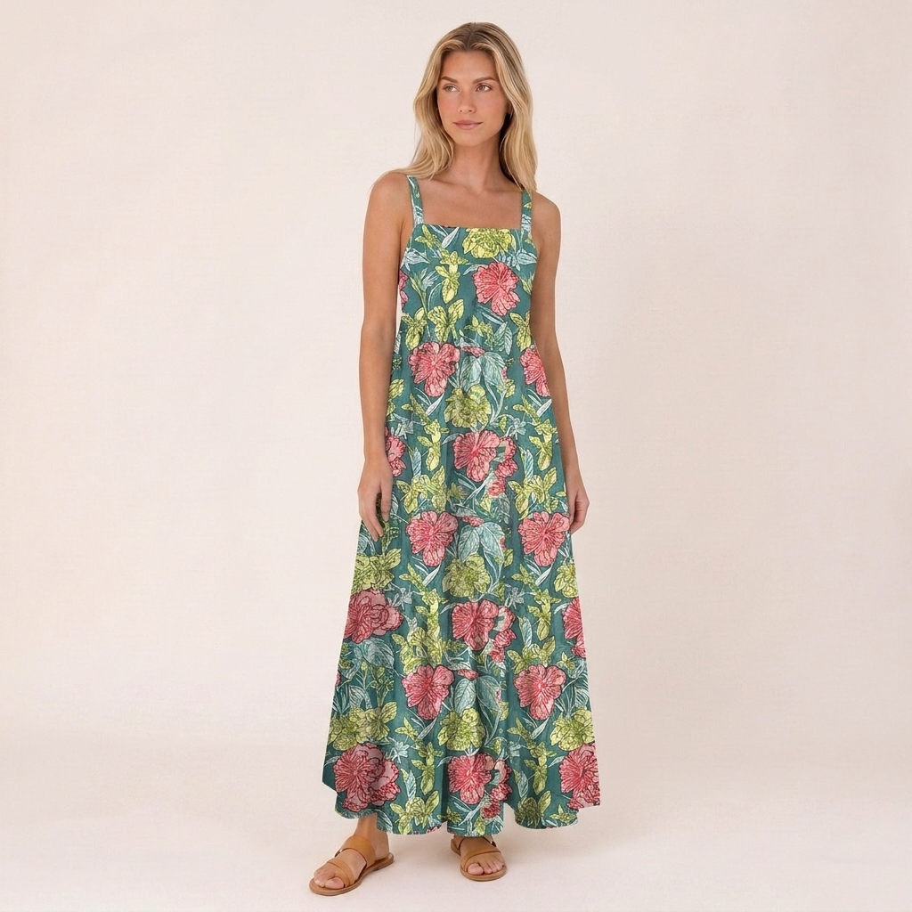 Romantic Peony Garden Print Wide Straps Maxi Dress With Pockets